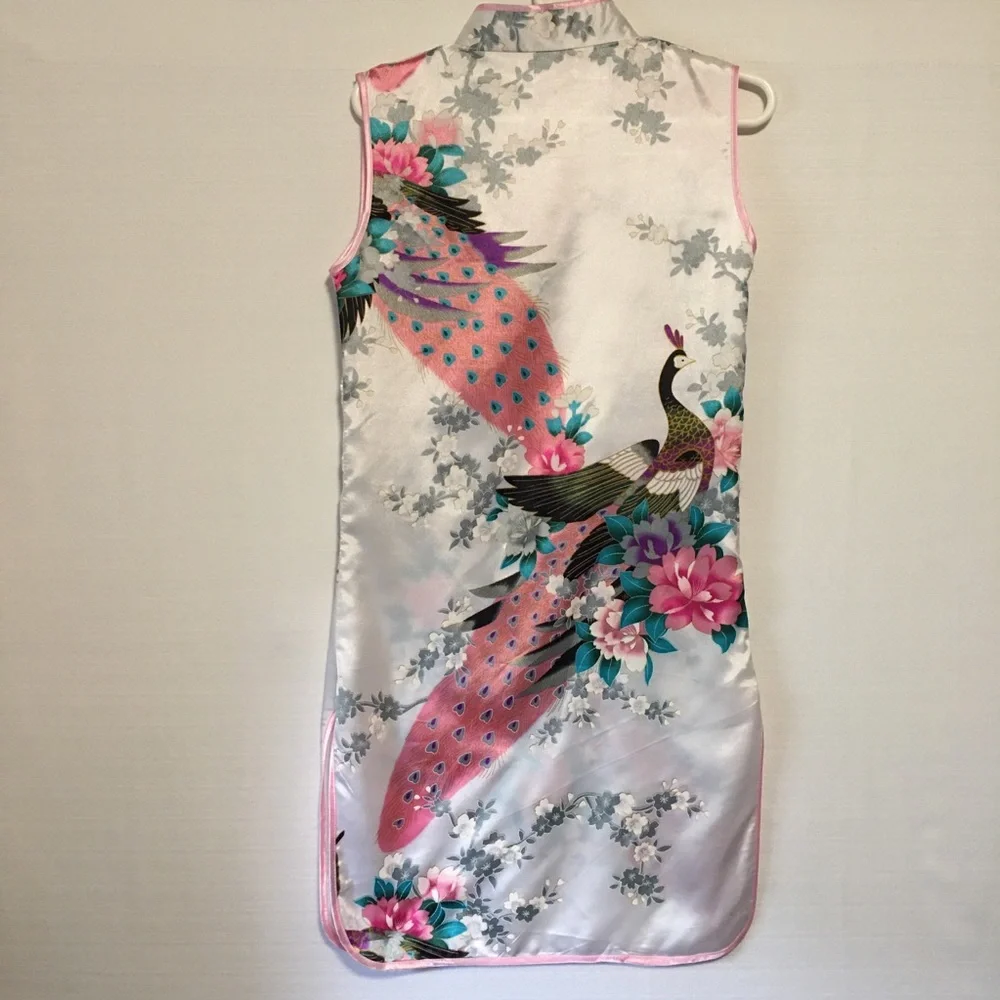 Wudiemi Girls Size 12 Chinese Qipao Cheongsam Dress Pink White Peacock Floral